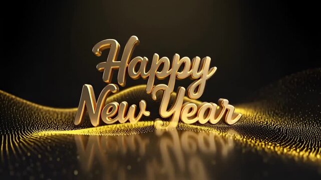 Happy New Year golden 3D text with elegant script font reflecting on a dark surface with festive particle waves perfect for holiday greetings
