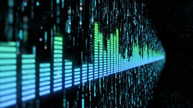 Abstract digital audio spectrum analyzer visualizer with glowing green and blue bars against a dark background