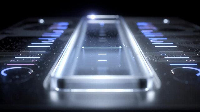 Macro close-up of microfluidic chip under AI monitoring, glowing digital indicators, clean futuristic lab aesthetic, ai biomedical analysis