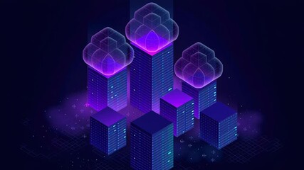 Web design cyberspace technology cloud server tower glow neon city night digital network security data center pulse, neon cityscape glowing cube skyline futuristic data hub, glowing cloud server - Powered by Adobe