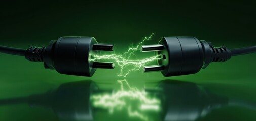 The Power Plugs Connecting with Green Electric Sparks and Futuristic Energy Flow