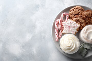 Holiday dessert flat layout with Christmas cookies, candy canes, and festive drinks in cozy winter setting