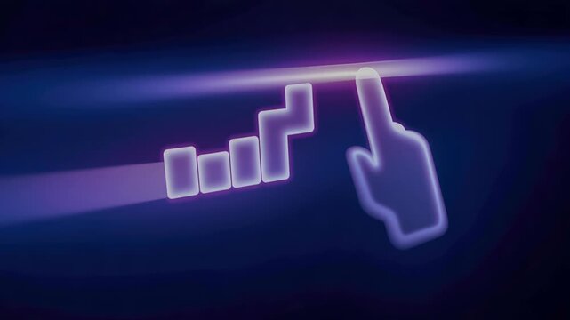 Web design cyberspace technology neon finger pointer icon tap gesture glow line gradient aura, modern interface vibe with rising bars and hopeful growth, minimal purple blue light, sleek ui, calm mood