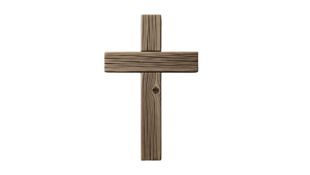 Wooden cross with textured grain religious symbol isolated on transparent background - Powered by Adobe