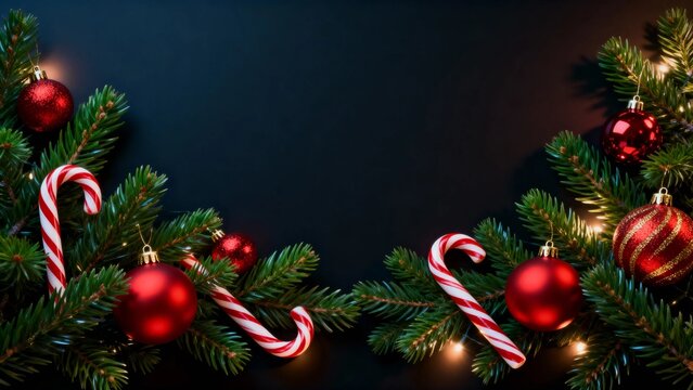Christmas decorations with red ornaments, candy canes, and pine branches on a dark background - Powered by Adobe