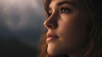 A young woman s face in profile looking out a rain streaked window with a pensive moody expression