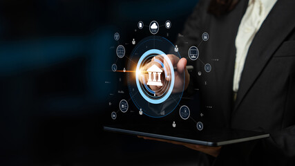 A global FinTech and digital banking network technology concept. A central financial system connected to the worldwide digital economy and services. Motif