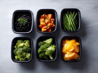 Healthy meal prep containers arranged neatly, nutritious fitness lifestyle, clean minimal setting