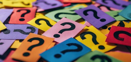 The question mark cards scattered in colorful pile representing confusion and curiosity
