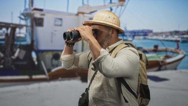 Man looking through binoculars at boats in a port near a street, wearing pith helmet and backpack; curiosity travel adventure.