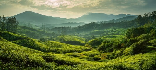 The tea plantation landscape with rolling green hills and misty mountain backdrop at sunrise