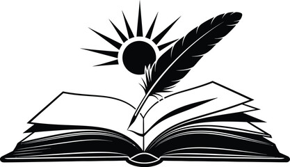 Open book feather and sunburst design element on transparent background silhouette