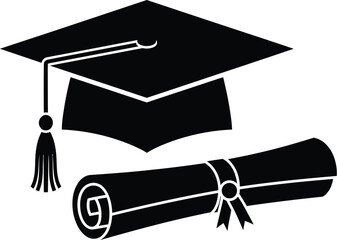 Graduation cap and diploma scroll a black silhouette on transparent background