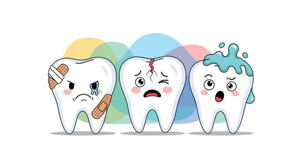 Obraz premium Three cute but unhealthy cartoon teeth characters showing problems like cracks cavities and pain for a dental care concept.