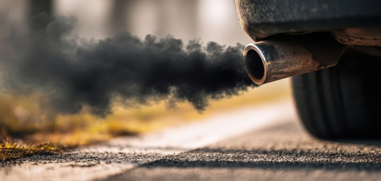 The car exhaust pipe belching thick black smoke on a sunlit road