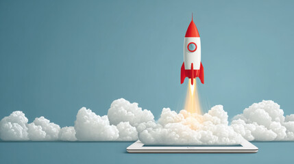 A vibrant cartoon rocket ascends from a tablet amidst fluffy clouds, symbolizing innovative ideas, digital transformation, and the launch of new technological ventures.
