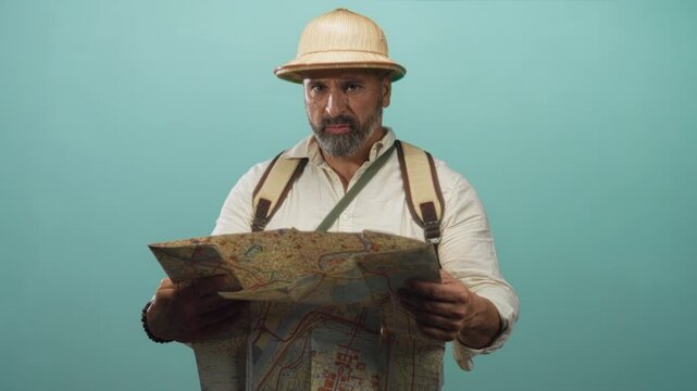 Man with beard wearing explorer hat and backpack reads a folded map in studio with turquoise backdrop; travel exploration curiosity.