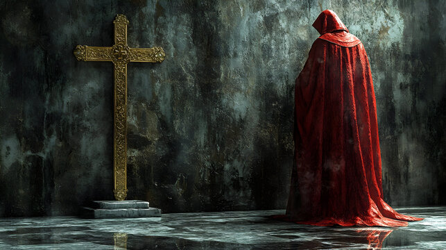 A cloaked figure in red stands solemnly before an ornate golden cross in a dimly lit, textured environment - Powered by Adobe