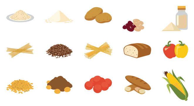 Large set of various carbohydrate food group icons including pasta bread rice potatoes beans and vegetables for nutrition education.