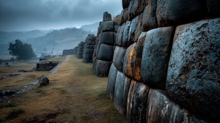 Ancient Fortress: An impressive shot of a historic fortress wall constructed with massive stones, standing strong against the passage of time. The scene is bathed in a soft light.