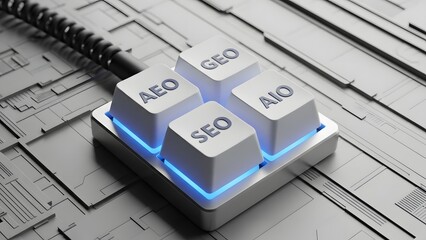 Four glowing keyboard keys labeled aeo, seo, geo, and aio on a futuristic circuit board background, representing digital marketing concepts