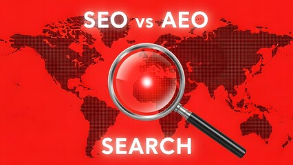 Seo vs aeo search concept with magnifying glass over red world map