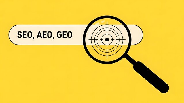 Magnifying glass focusing on search terms seo, aeo, and geo in a search bar, concept for digital marketing optimization and targeting strategies