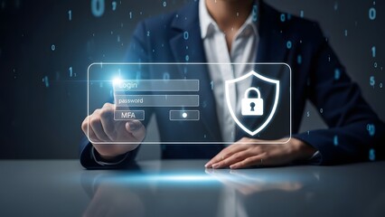 Businesswoman interacting with digital security interface featuring login fields and a shield icon with a padlock, representing data protection and cybersecurity concepts in a modern office setting