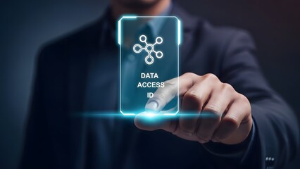 Businessman touching a futuristic holographic screen displaying a data access id icon and text, representing digital security, information management, and network connectivity concepts