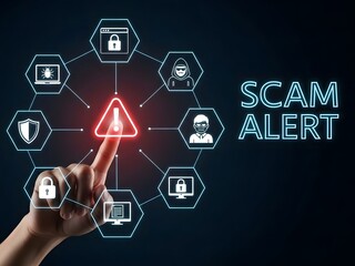 Hand touching a glowing red warning triangle icon in a digital network structure with security and scamrelated icons, next to the text scam alert