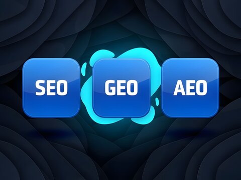 Seo geo aeo digital marketing concept icons on dark abstract background with glowing blue light