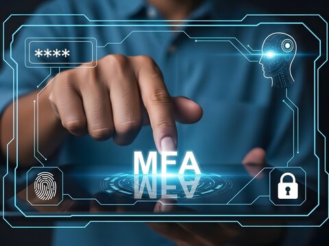 Person touching a holographic screen with the word mea displayed, representing modern technology and digital interaction