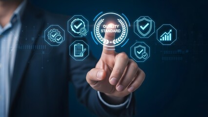 Businessman pressing a virtual button with security icons on a digital interface