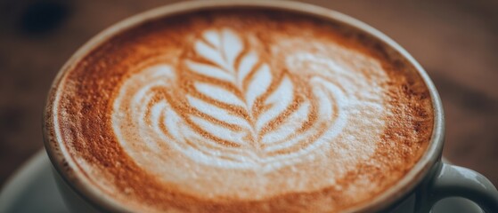 Fototapeta premium The Latte Cup Featuring Leaf Latte Art Foam Pattern Closeup Warm Beverage