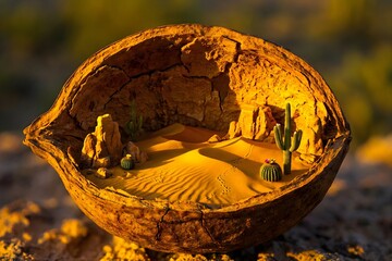 A striking miniature desert landscape contained within a cracked walnut shell, featuring tiny cacti and sand dunes at golden hour.