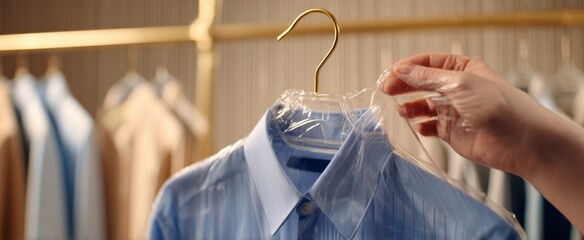 The Blue Shirt on a Hanger with Plastic Cover in Closet