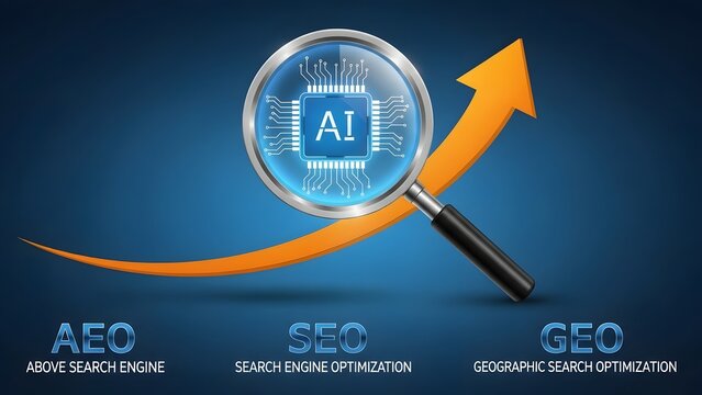 Magnifying glass focusing on ai with upward arrow and SEO, AEO, and GEO text on blue background