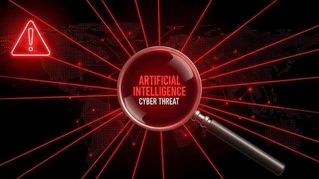 Magnifying glass highlighting artificial intelligence cyber threat with digital data background - Powered by Adobe