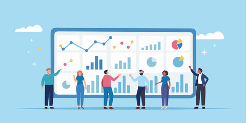 Team analyzing data and insights displayed on a large digital dashboard