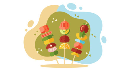 A vibrant flat design illustration of three assorted fruit and vegetable skewers, perfect for summer picnics, barbecues, or healthy eating concepts. The graphic features colorful chunks of fresh produ