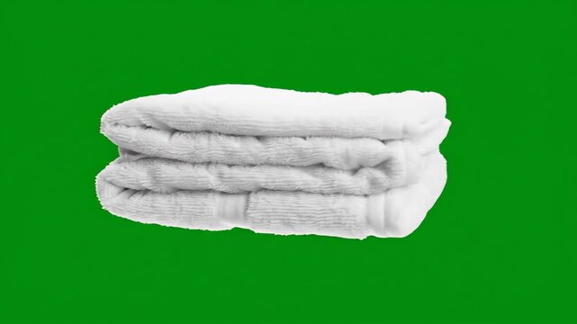 A neatly folded stack of white towels against a solid green background, showcasing floating household objects on an isolated green screen.