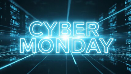Neon blue glowing text cyber monday sign in a dark digital city environment with glitch effect for holiday sale promotion