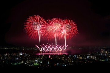 Vibrant Red Fireworks Display Over Cityscape at Night