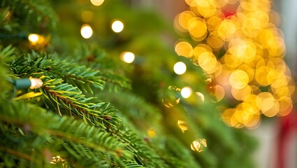 Close-up of Green Christmas Tree Boughs with Warm White String Lights and Golden Bokeh Background