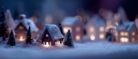 Snowy village scene decorated with Christmas lights and winter charm