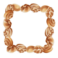 Homemade buns in a square frame. Watercolor illustration. Fresh and warm baked goods. A culinary-themed art project.