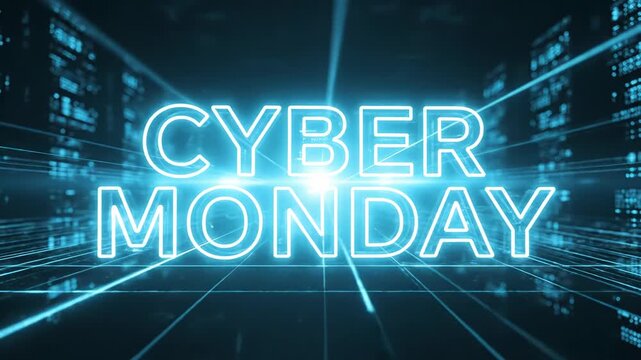 Neon blue glowing text cyber monday sign in a dark digital city environment with glitch effect for holiday sale promotion - Powered by Adobe