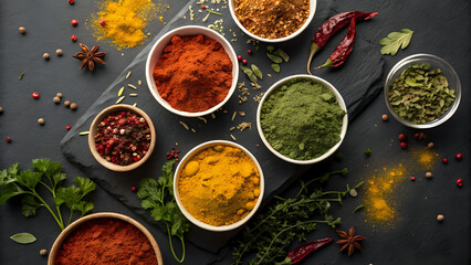 Top-down view of colorful spices arranged in small bowls on a dark stone surface, vibrant culinary composition