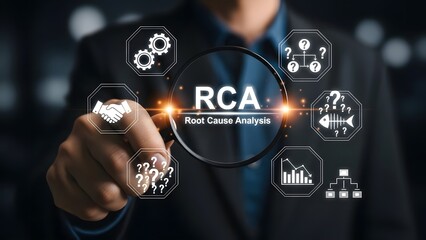 Businessman pointing at rca risk case analysis with digital icons on a virtual screen