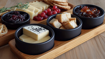 Assorted cheese platter with fruits, crackers, and spreads on wood